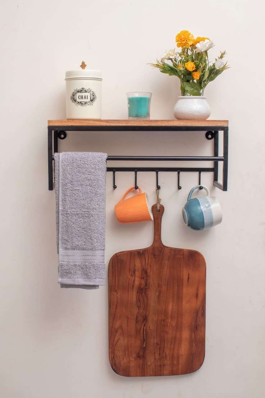 Artzilla Wooden & Metal Wall Mount Shelf Handmade for Kitchen Living Room Bathroom Farmhouse Decor (Design 1) 1