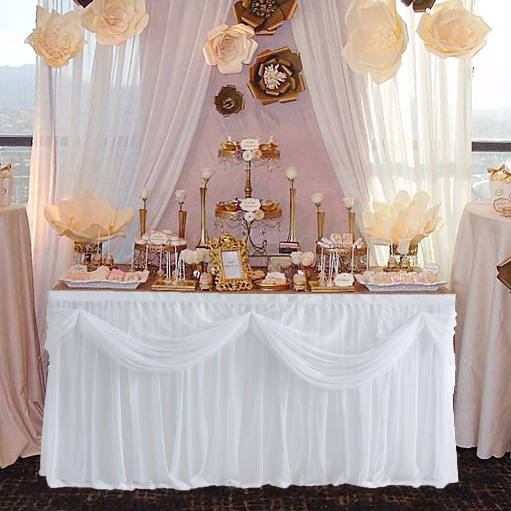 6FT White Tulle Table Skirt Tutu Table Skirting With Satin Double Drape for Rectangle Table or Round Table for Wedding,Birthday Party,Baby Shower (L72inH30in) 3