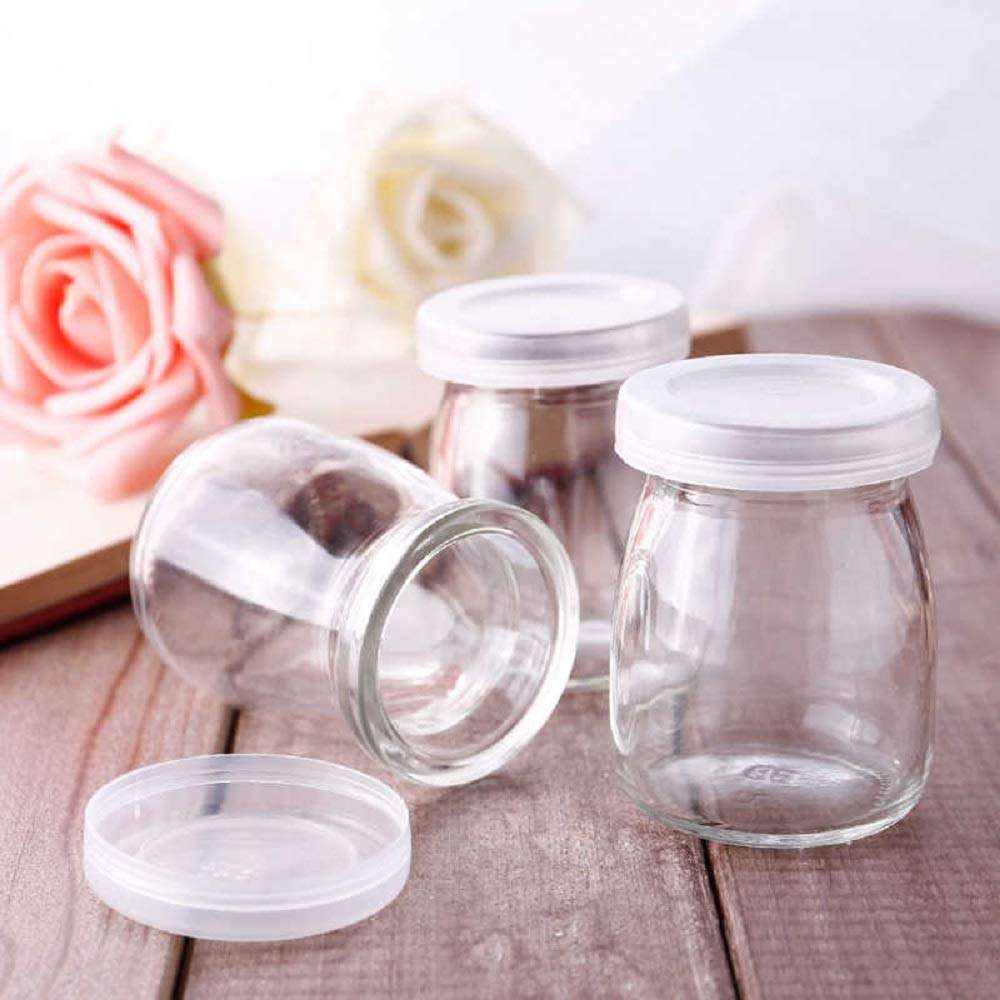 JIRLY Clear Transparent Glass Pudding Jars Containers with Pe Lids Caps for Honey Candy Yogurt Milk Jam (150ml, Pack of 6) 3