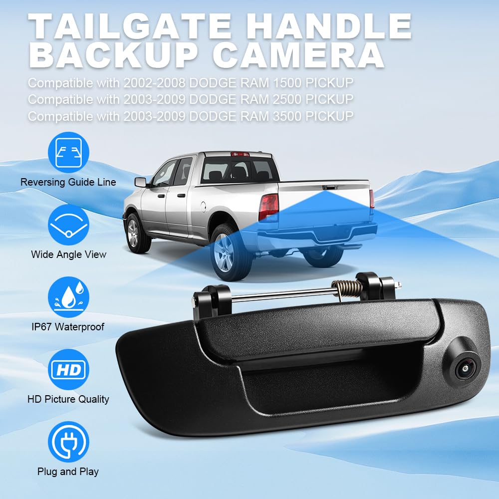 Rear Tailgate Handle Backup Camera Compatible with Dodge Ram 1500 2500 3500 2002-2008 Rear View Reverse Back Up Camera RCA Connector with Key Hole-Textured Black, 55276237AA 5