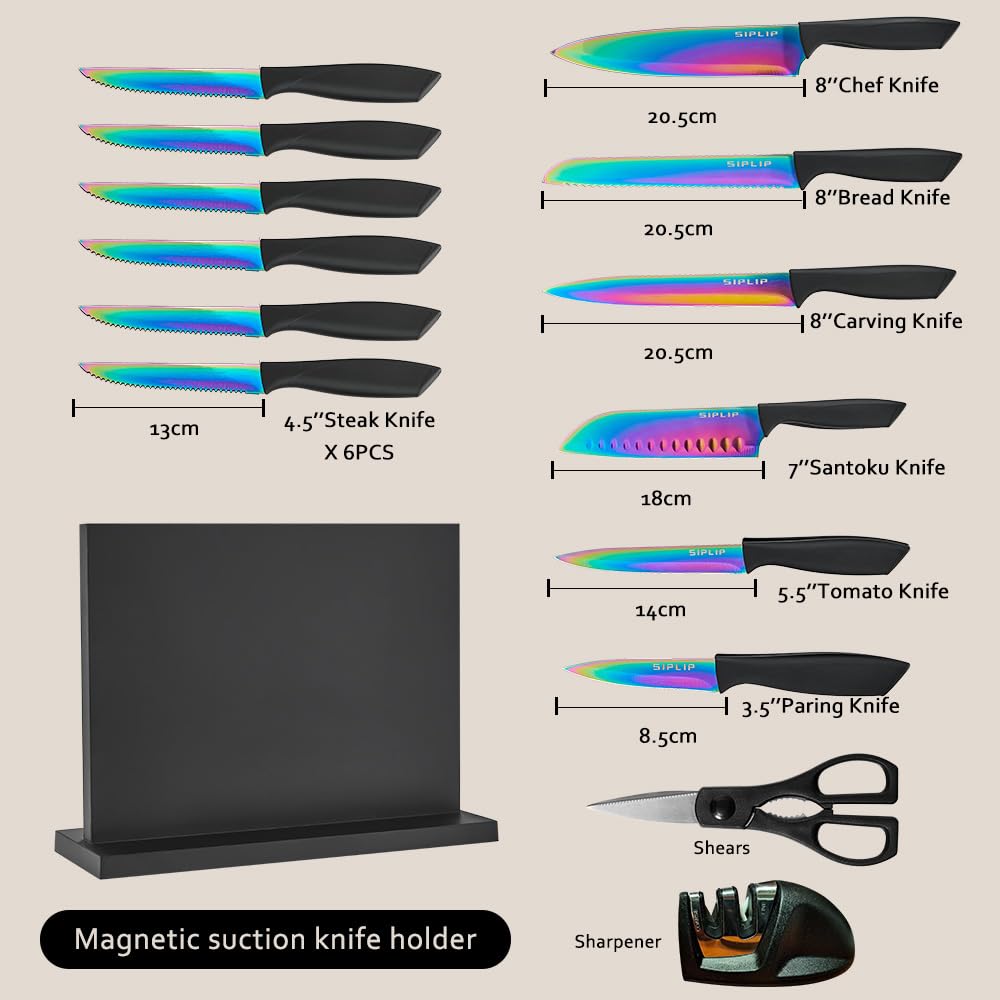 SipLip Kitchen knife set with Magnetic knife holder, 15 pieces high carbon stainless steel sharp kitchen knife set including chef's knife, bread knife, serrated steak knife set, knife sharpener 3