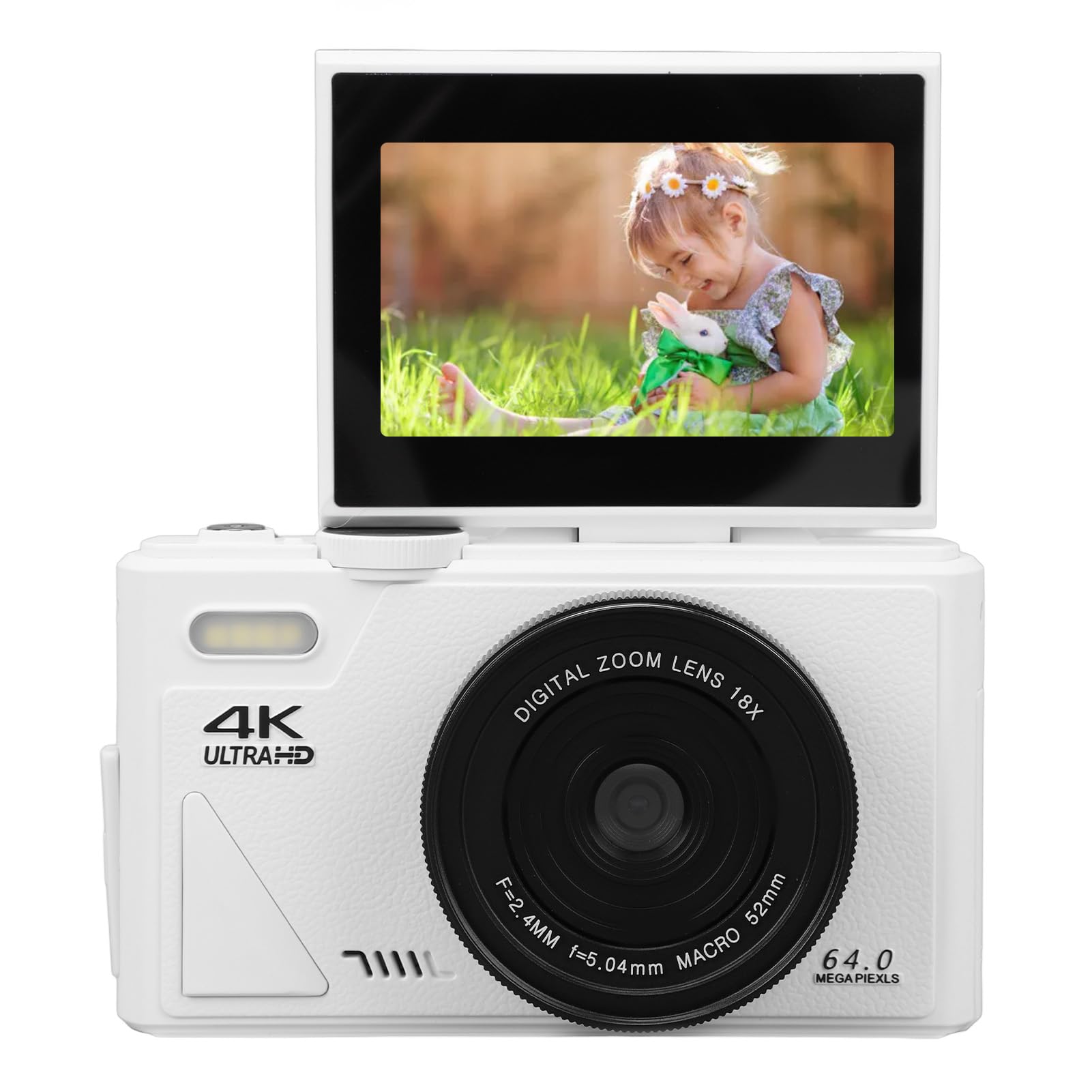 Digital Camera with Flip Screen LCD, UHD 4K 64MP Camera, Digital Point and Shoot Camera with 18X Zoom, Vlogging Camera for Travel Photography Vlogging (White)
