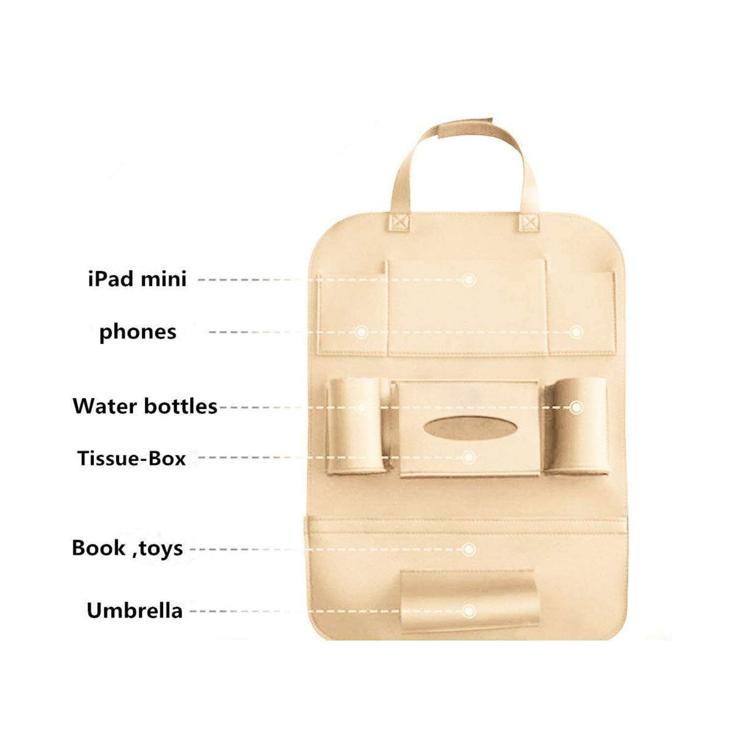 Oshotto Car Backseat Storage Organizer Phone Holder,Multi-Pocket for Bottles, Tissue Boxes,Kids Toy Storage and Great Travel Accessory Compatible with Tata Indigo (Beige) 5