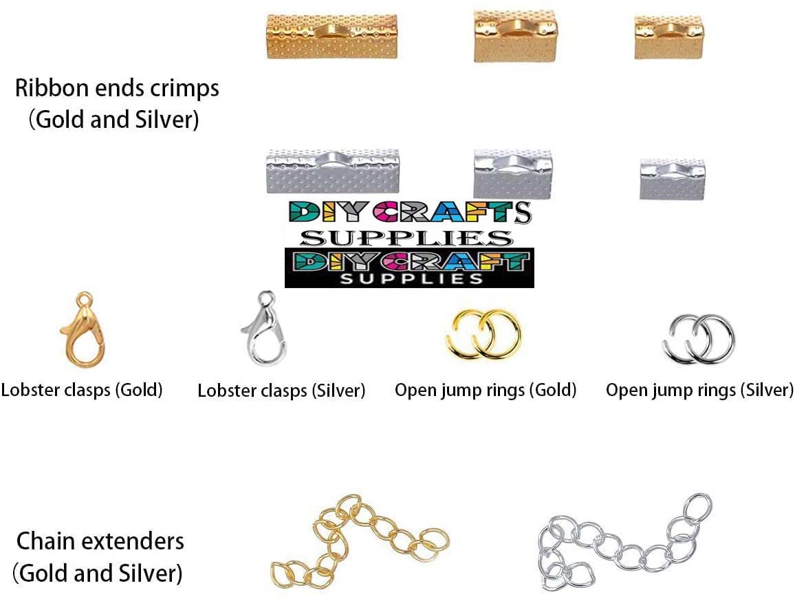 DIY Crafts (9 Sets, Bright Big Silver) Ribbon Bracelet Kit Bookmark Pinch Crimp Ends Jewelry Findings Supplies Includes Ribbon Ends Crimps Lobster Clasps Open Jump Rings and Chain Extenders 3