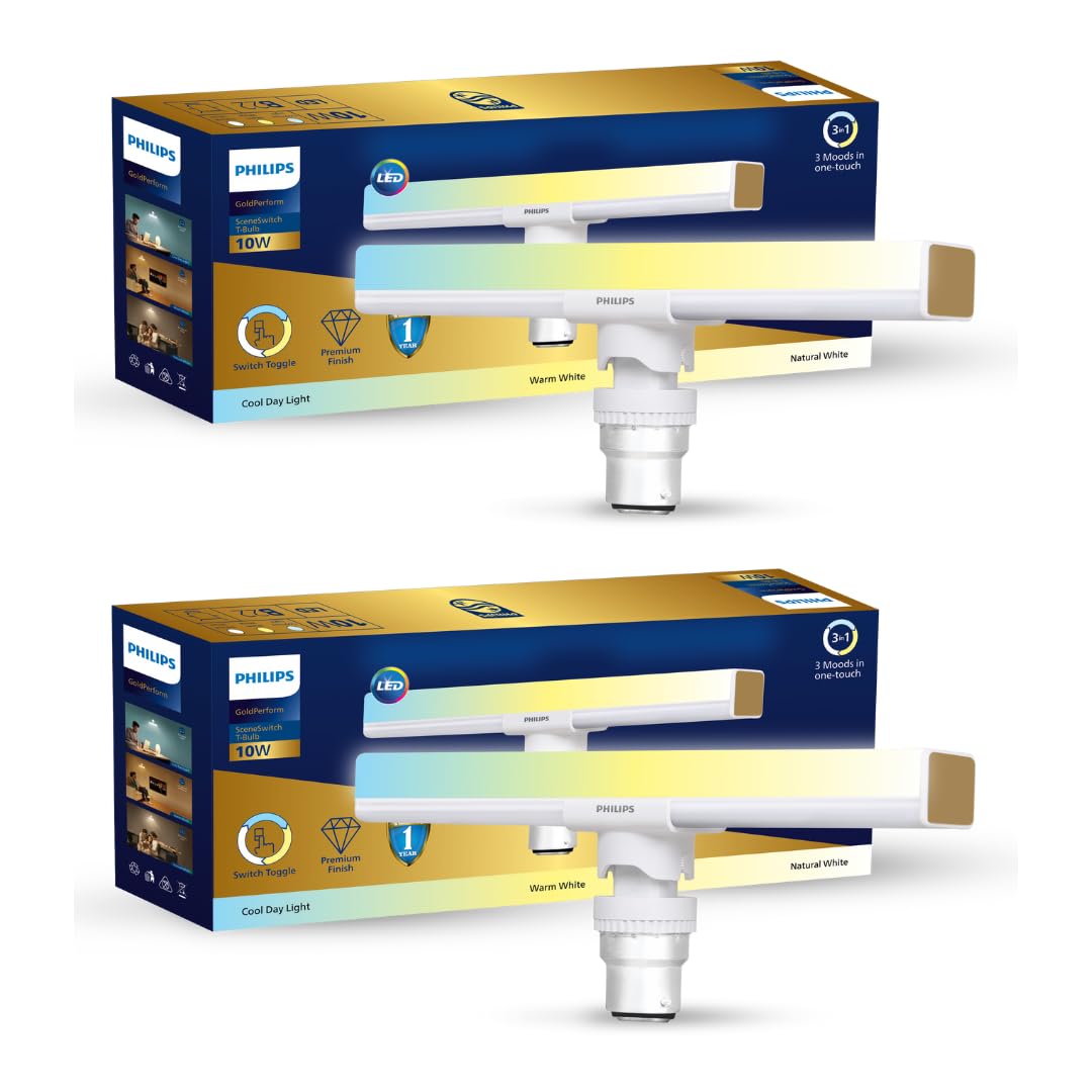 Philips 10W B22 LED T-Bulb | 3 Colors in 1 LED Bulb | Scene Switch T-Bulb for Home & Decoration | Color: Tunable White | Pack of 2 | Gold Perform Series