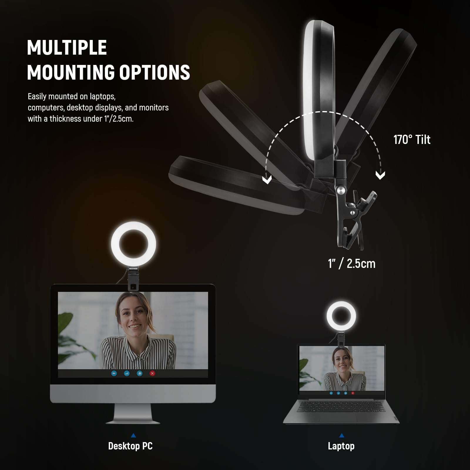 NEEWER BR60 Basic 5" Ring Light with Clip & Tripod, 10W Dimmable Clip on Light for Laptop Computer Monitor Conference Vlog Live Streaming Video Recording, UA056 30" Articulating Magic Arm Included 5