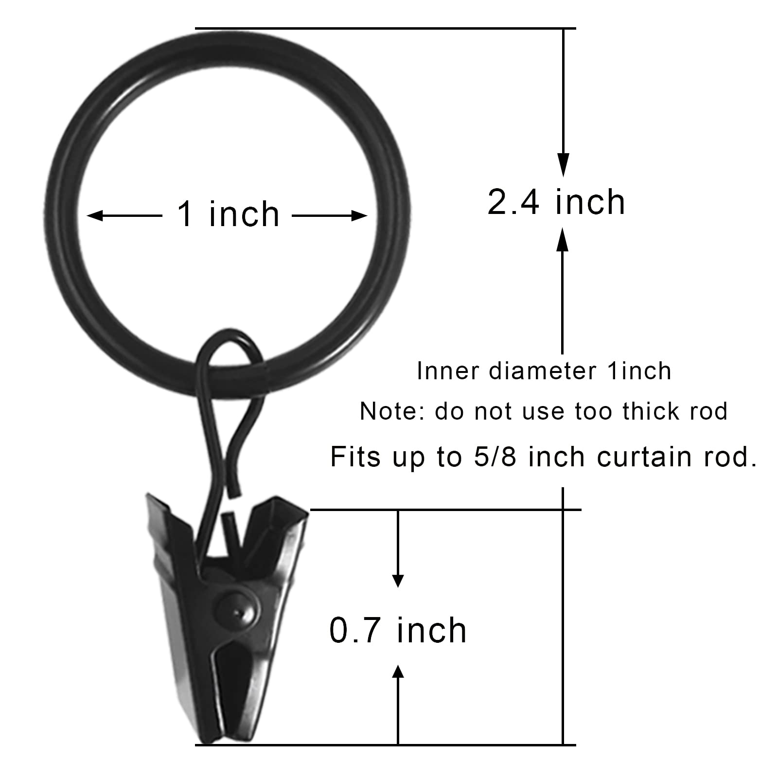 WeeksEight 44 Pack Black Curtain Rings with Clips, Curtain Hooks Hangers Clip Rings for Hanging Drapes Bows Hat, Drapery Rings 1 in I D, Fits up to 5/8 in Diameter Curtain Rod. 3