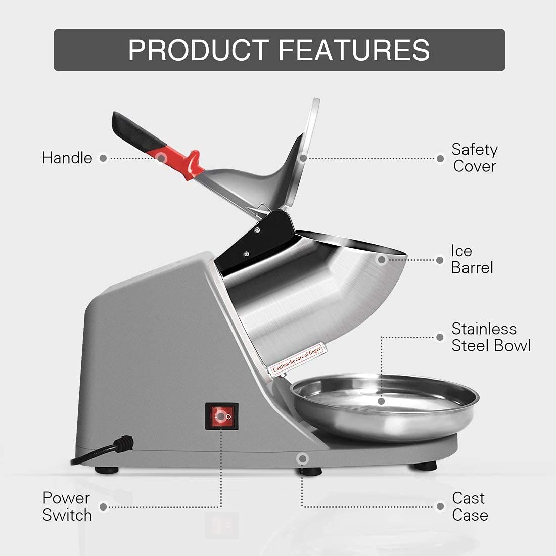 Electric Ice Crusher Machine | Ice Gola Maker | Dish Gola Machine Home | Ice Shaver Prevent Splash Electric 3 Blades Snow Cone Maker Stainless Steel Shaved Ice Machine 300W 220lbs/hr (Stainless Steel) 5
