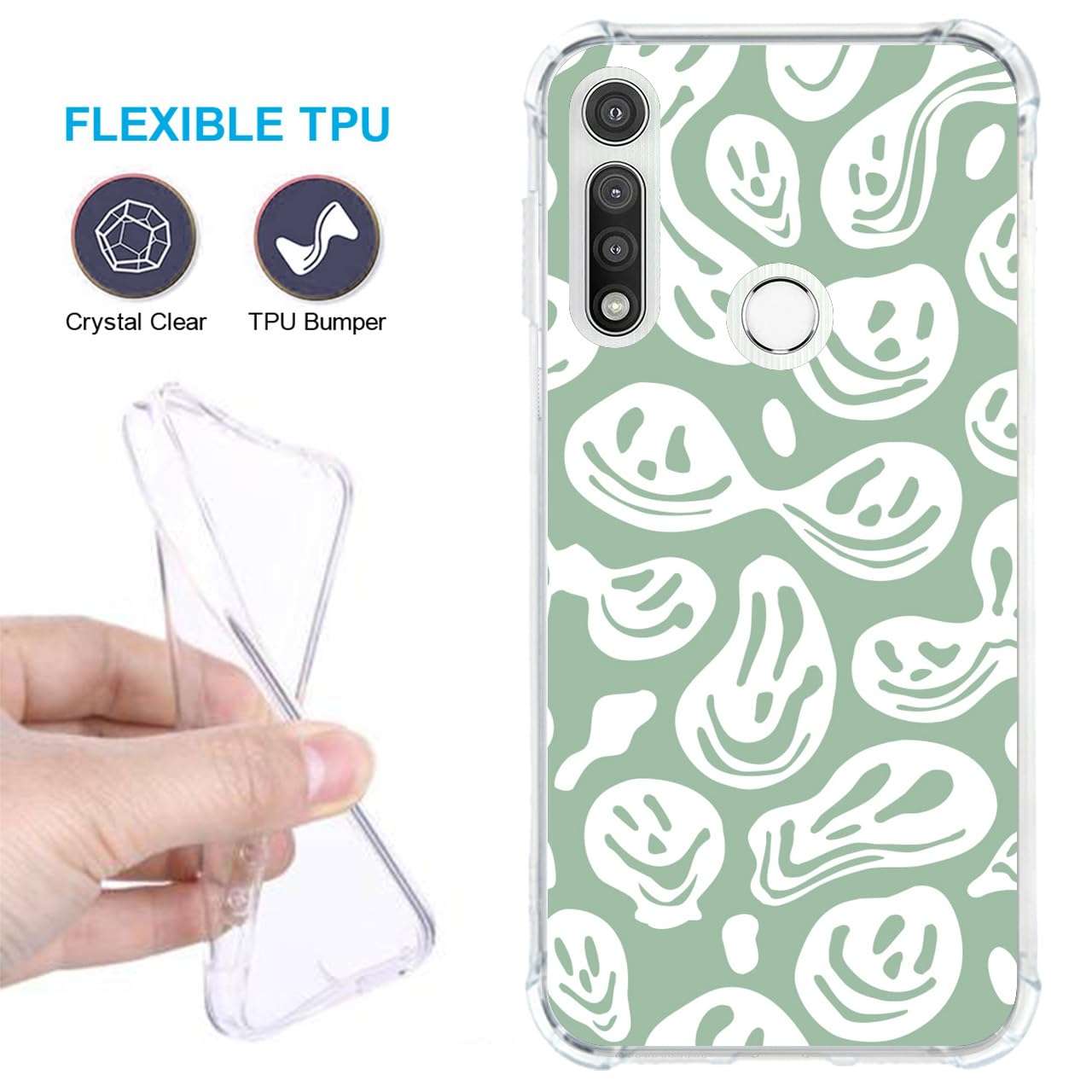 zaztify Phone Case for Motorola Moto G Fast, Pastel Green White Funny Trippy Dripping Smile Melted Hippie Smiling Skull Ghost Face Cute Shockproof Protective Soft Clear Cover Shell 3