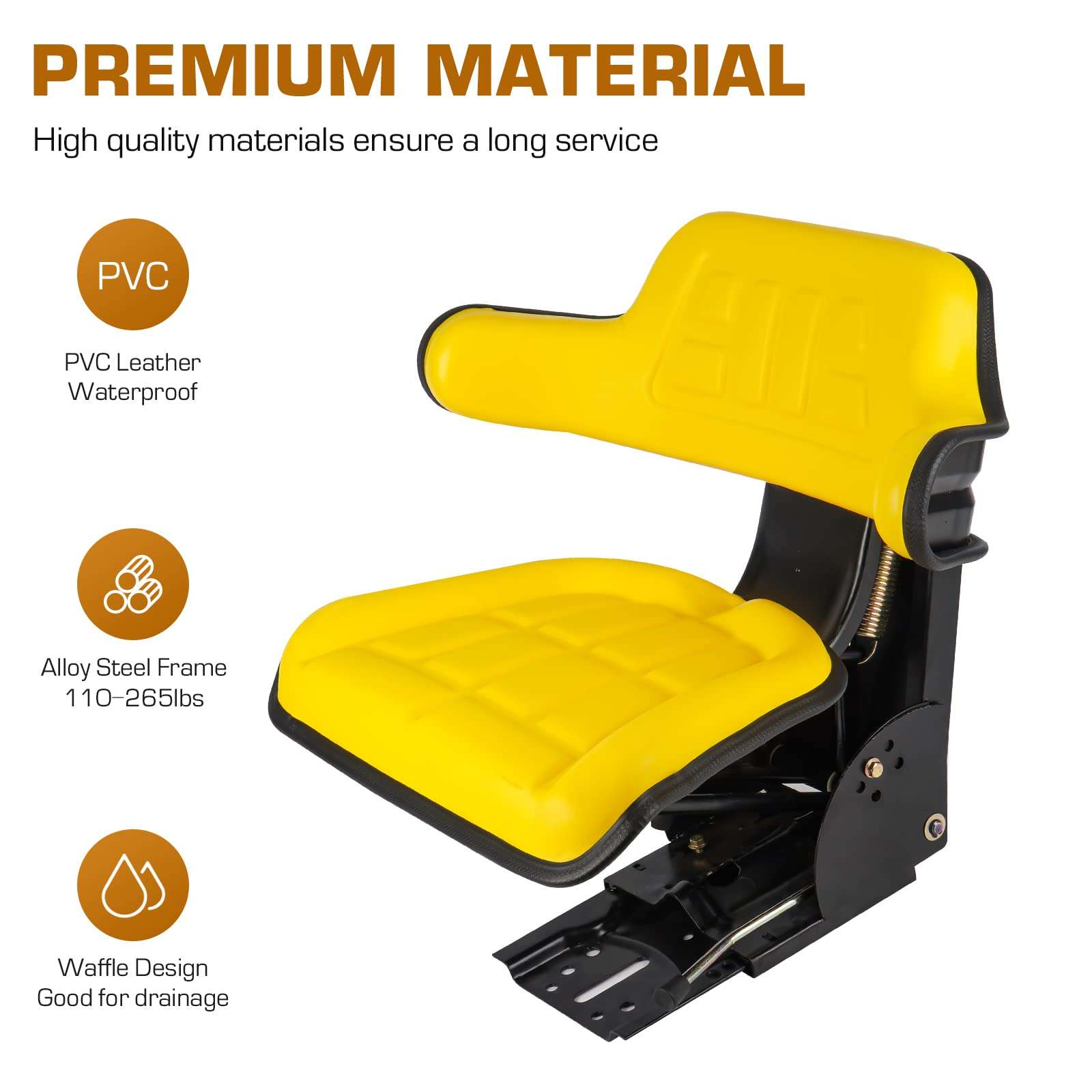 Yellow Universal Adjustable Tractor Suspension Seat with Tilt Waffle Style Fits for John Deere 1020 1530 2020 2030 2040 2155 2280 5210 Shock Absorption Alloy Steel PVC 5