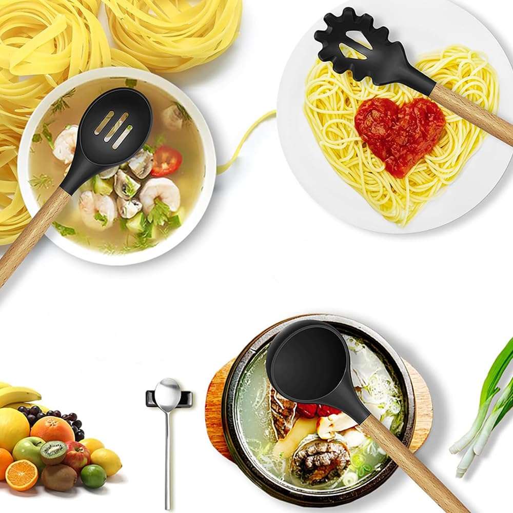 15-Piece Silicone Wooden Handle Kitchen Utensils Set, Cooking Tools with Holder, Kitchen Gadgets for Non-Stick Cookware 5