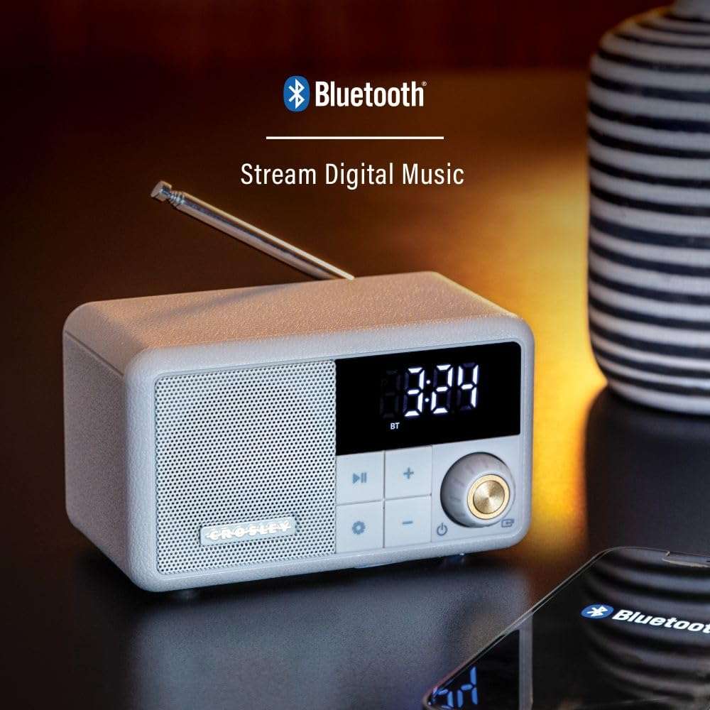 Crosley CR1121A-PB Cooper Retro AM/FM Radio, Portable Bluetooth Speaker with Aux Input and LED Display, Pebble 5