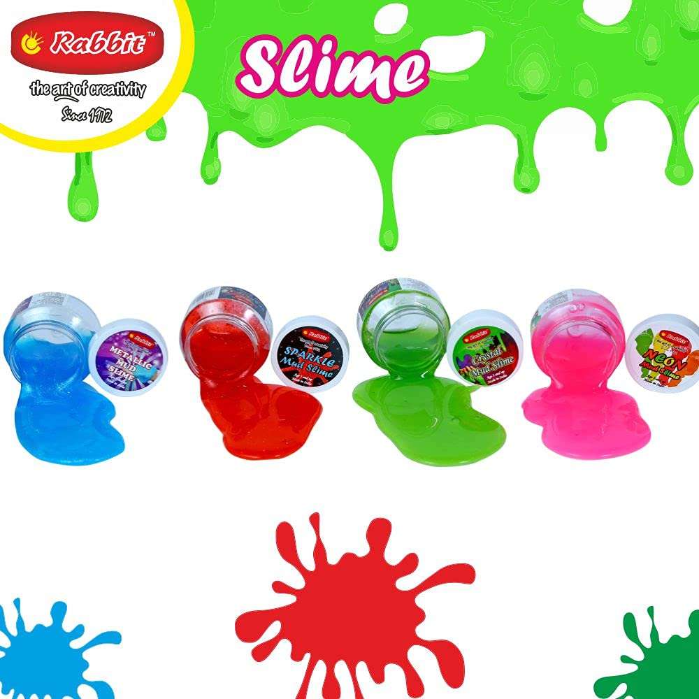 Rabbit Sparkle Metallic Slime 100g + Crystal Slime 100g + Neon Mud Slime 100g Combo of 4 for Kids|Slime for Kids|Slime|Child Safe Slime Set|Play Slime for Kids Boys Girls|Slime|Age 3+ 4