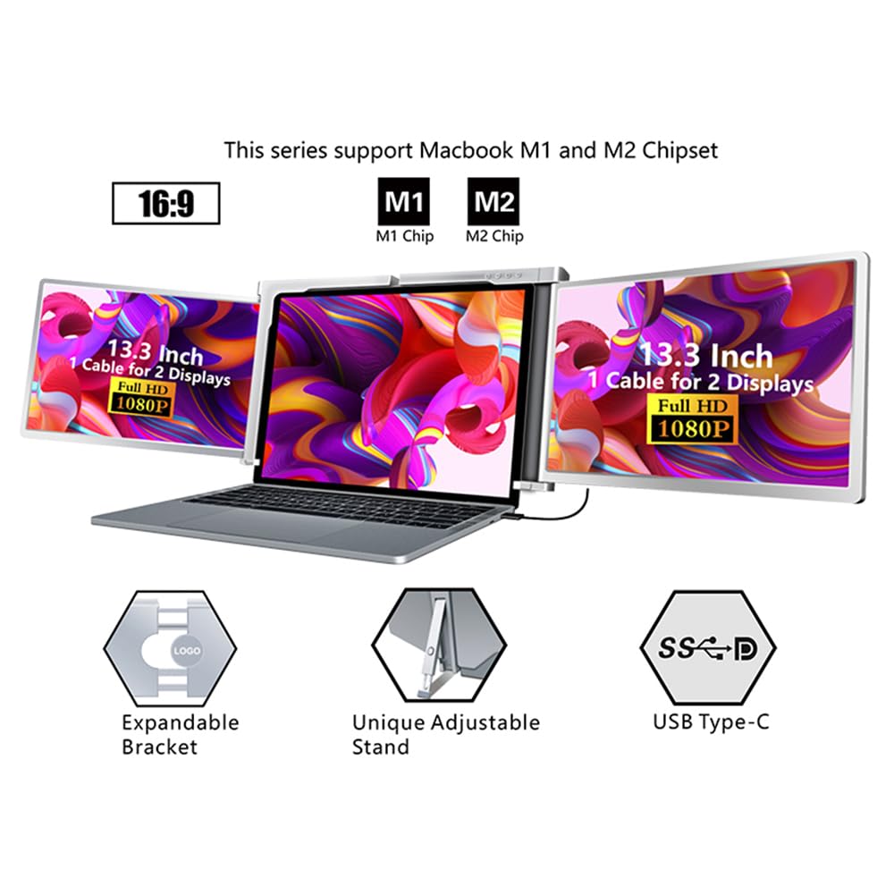Docooler 13.3 inch Triple Portable Monitor for Laptop Screen Extender, 1 Cable for Dual Displays for Windows, FHD 1080P IPS Display Type-C/PD/TF Support M1/M2 MacBook, for 13.3-17.3 inches Laptop 3