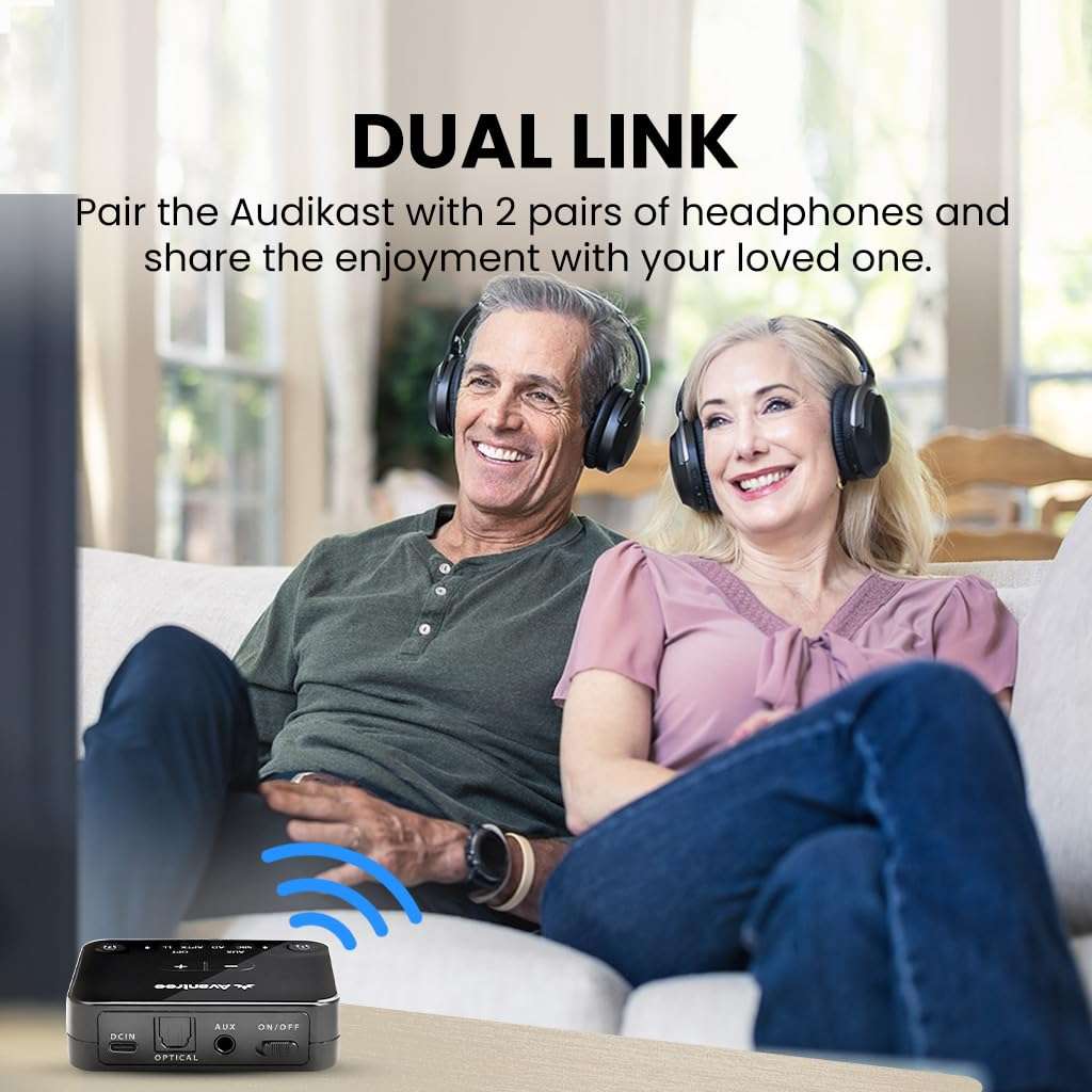 Avantree Audikast 3 [2025 Version] - Bluetooth 5.3 Transmitter for TV with Optical or AUX Audio Output Port & Avantree TWS116 - Open-Ear Wireless Headphones & Charging Dock with Surroundings Awareness 3
