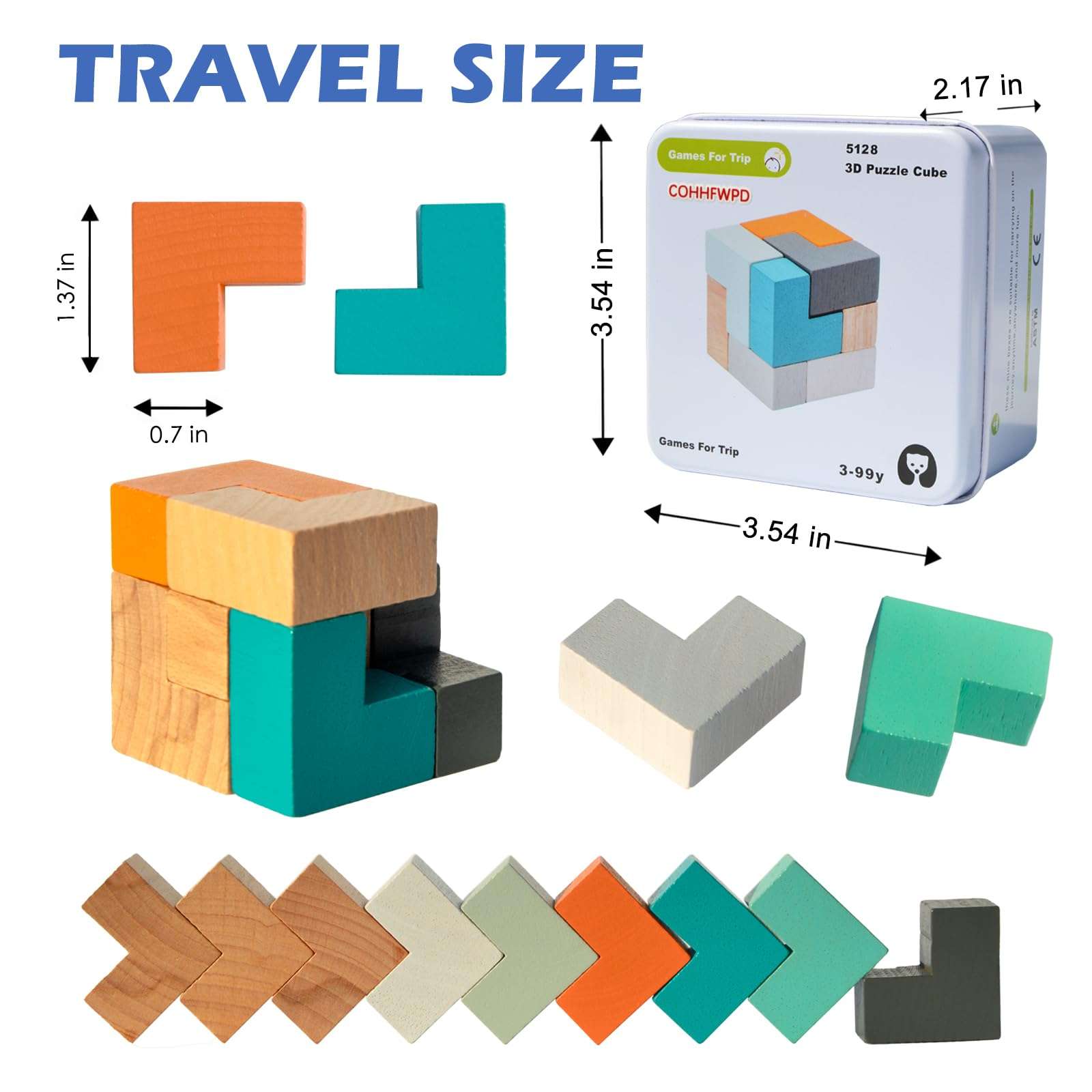 COHHFWPD Wooden Cube Puzzle, Mini Size Cube in Tin Case for Travel, Assembly and Disentanglement Cube Puzzle for Child Ages 6+ 5