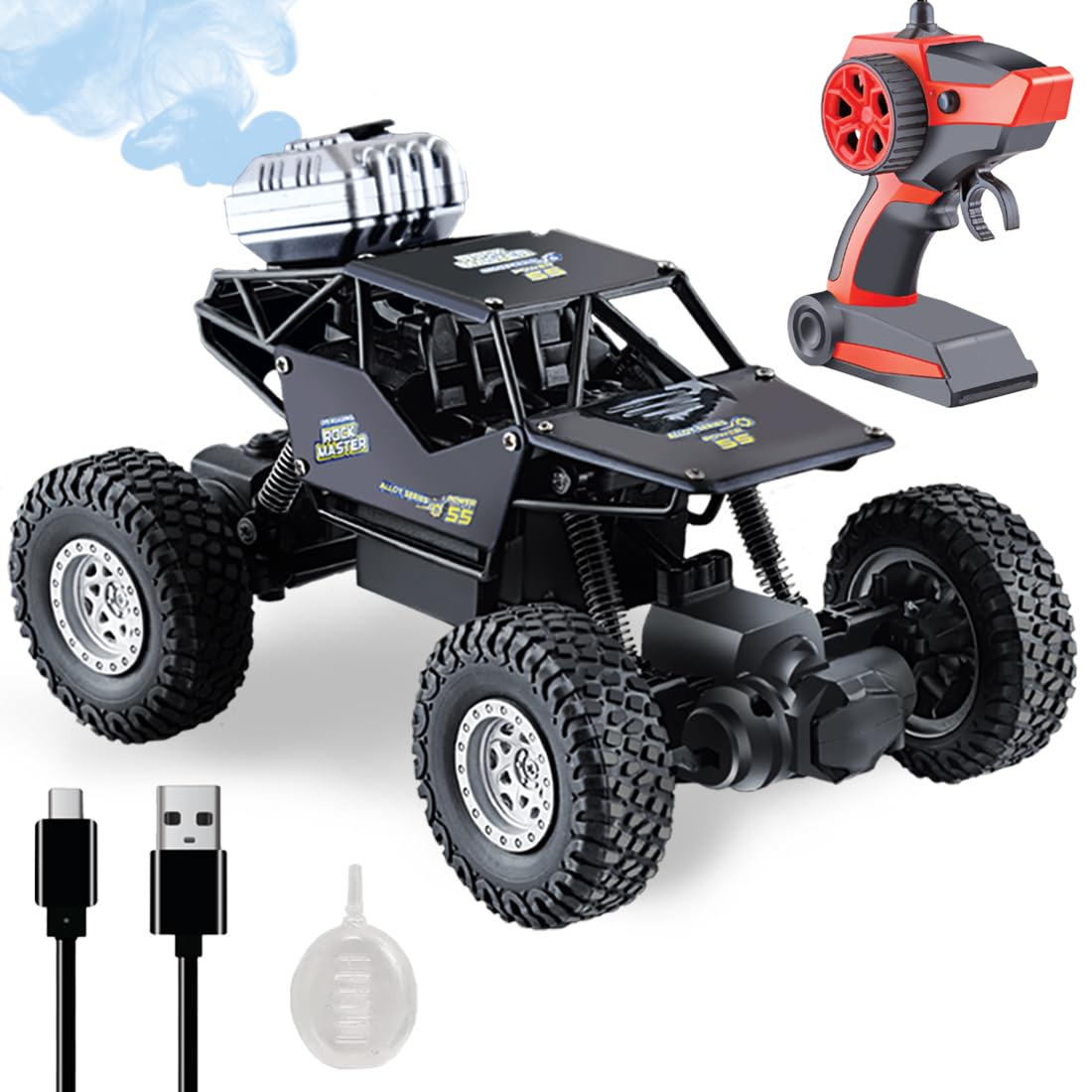 Wembley Rechargeable Remote Control Monster Truck RC Car Big Size Off Road 2WD Rock Crawler Battery Water Mist Spray and High-Speed Racing Toy for Boys (Black), 5 Years And Above