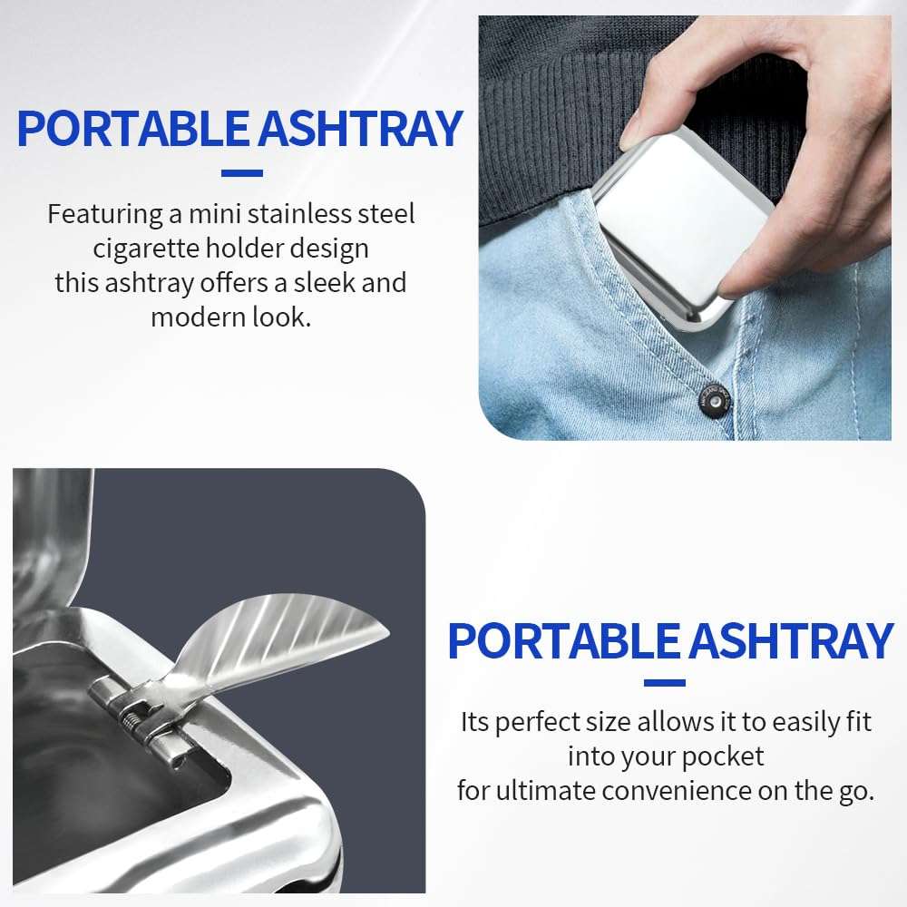 Zoyiancy 2Pcs Portable Ashtray, Pocket Ash Tray with Lid, Mini Stainless Steel Cigarette Holder, Windproof Ashtray for Outdoor Office Car Supplies(Silver) 4