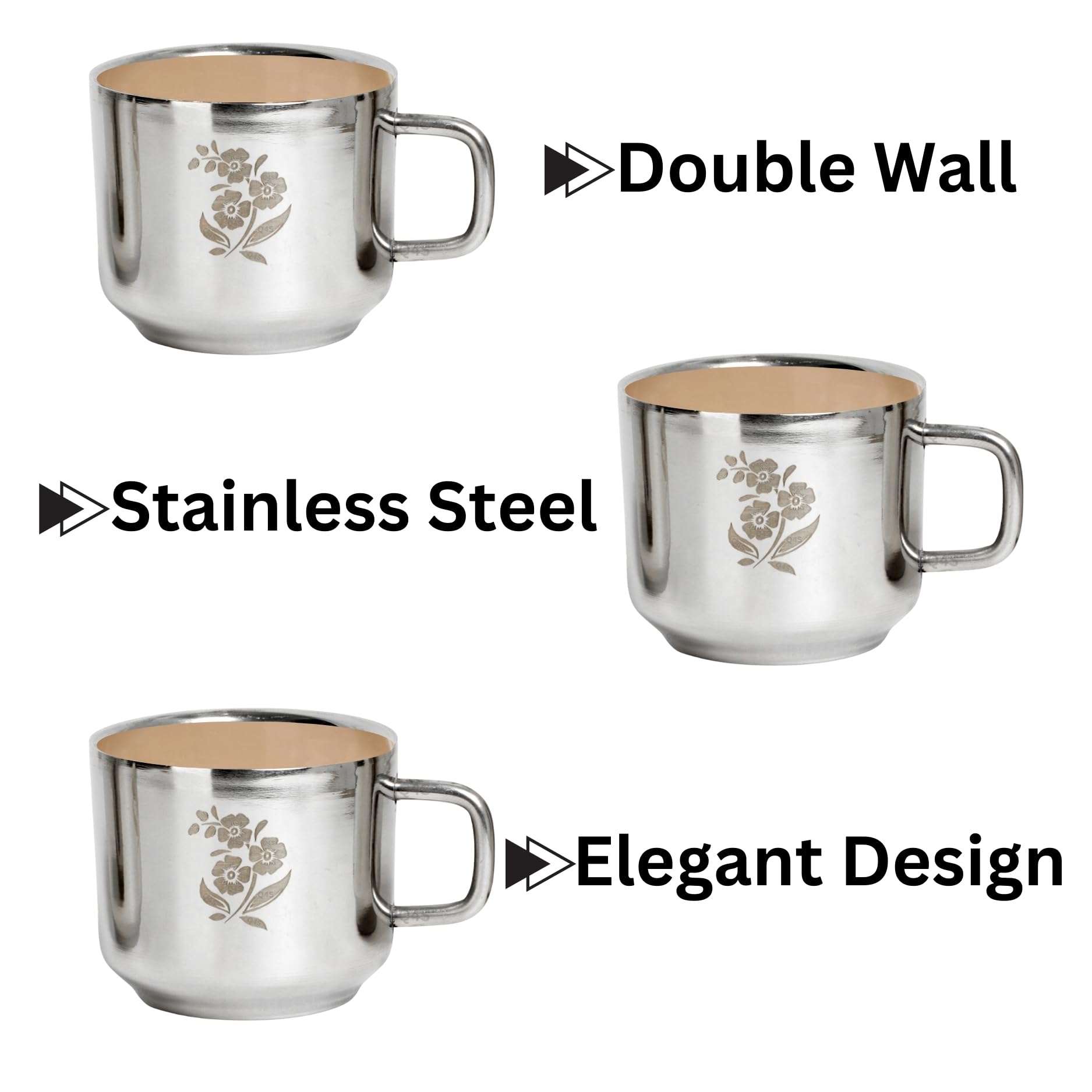 Q4S Stainless Steel Double Wall Tea Cups – Pack of 6, 100ml Each, Gloss Finish, Silver Color, Flower Print, Heat-Resistant, 6 cm Height x 7 cm Diameter – Ideal for Hot Beverages 4