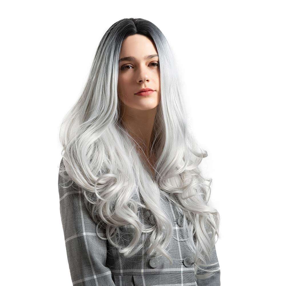 Black Grey Gradient Long Curly Faux Hair Wig Women Party Cosplay Hairpiece 3