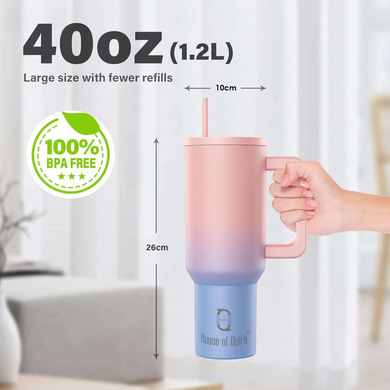 House of Quirk 1200ML Stainless Steel Tumbler Hot and Cold with Handle and Lid 2 Straw, Double Insulated Cup Leak Proof Mug Cupholder for Gym, Travelling (Cotton Candy Haze) 6