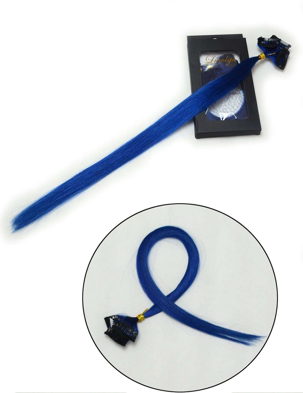 Luwigs 18inches Blue Clip in Hair Extensions Straight 100% Human Virgin Hair Fashion Hairpieces for Party Highlight 5pcs/set (18 inches, Blue) 2