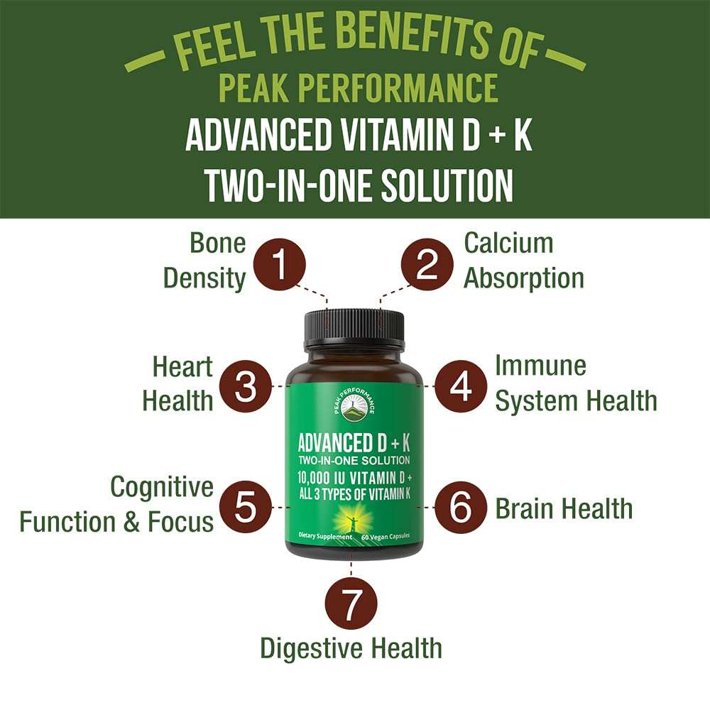 Peak Performance Advanced Vitamin D 10000 IU with All 3 Types of Vitamin K Capsules 10,000 IU Vitamin D3 and Vitamin K2, K1, MK-7 (MK7), MK4 Supplement. 60 Small and Easy to Swallow Pills 2