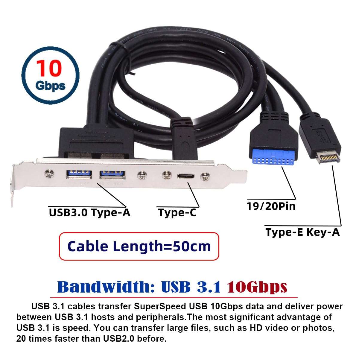 CY 10Gbps USB3.0 Motherboard 19/20Pin & Type-E to USB-C Type-C & USB 3.0 Dual Ports Female PCI-E Back Panel 5Gbps Cable 4
