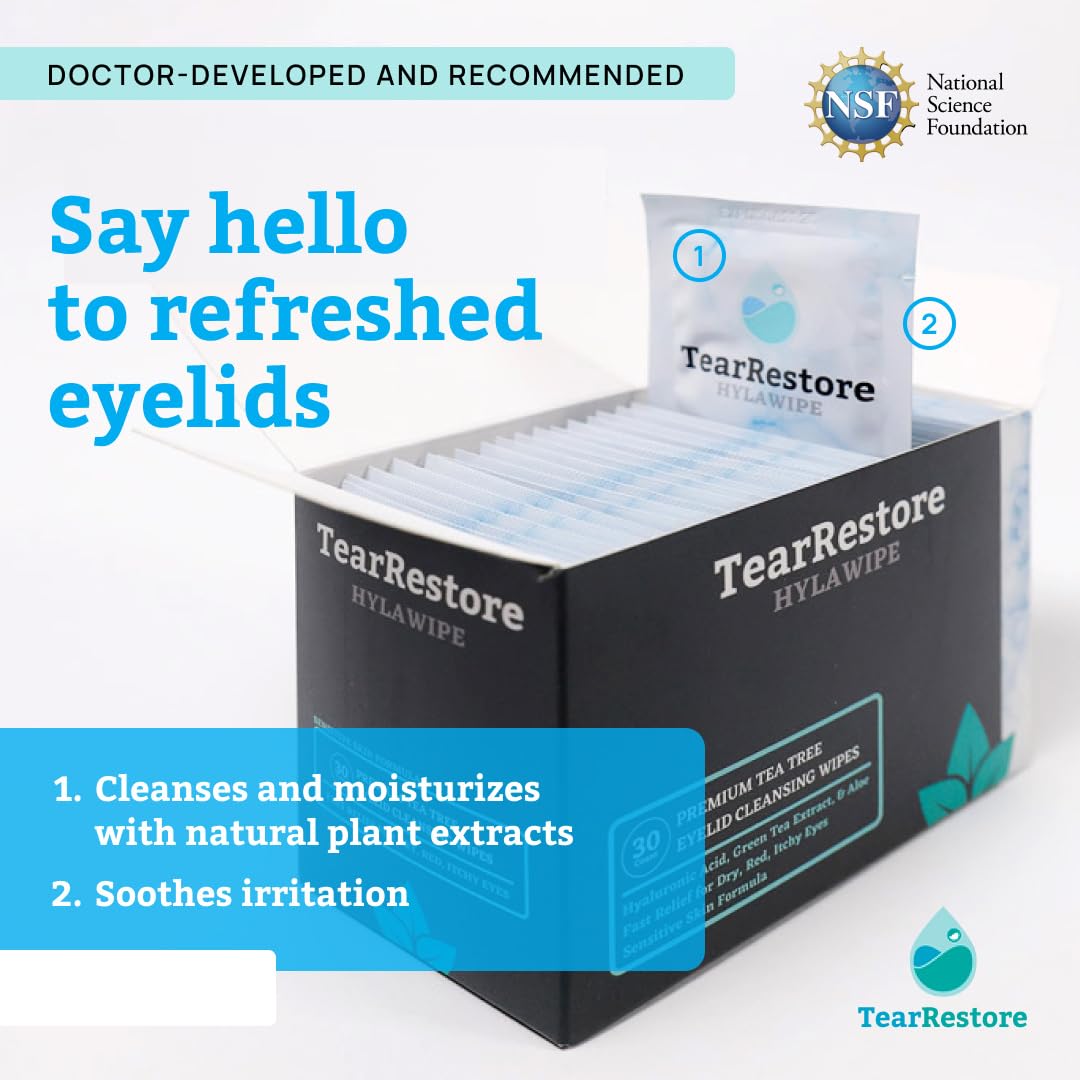 TearRestore Tea Tree HylaWipe Eyelid Wipes - 30 Count | Hydrating Eye Lid Cleanser | Blepharitis Treatment for Eyelids | Eye Lid Cleansing Wipes | Eyes Wipe for Dry, Red, Itchy, And Irritated Eyes 2