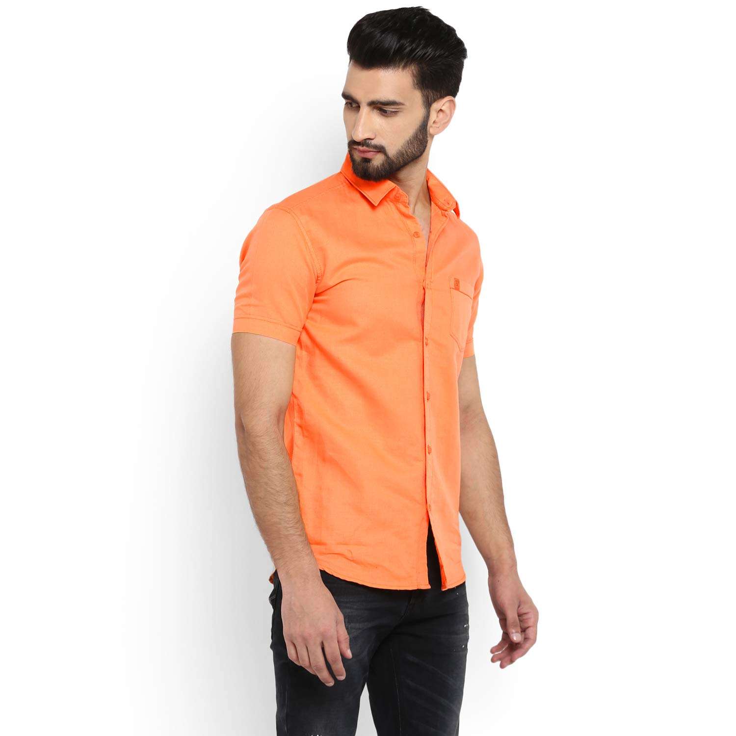 Mufti - MFS-10258-I Men's Solid Orange Half Sleeve Slim Fit Cotton Linen Shirt, 3XL 5