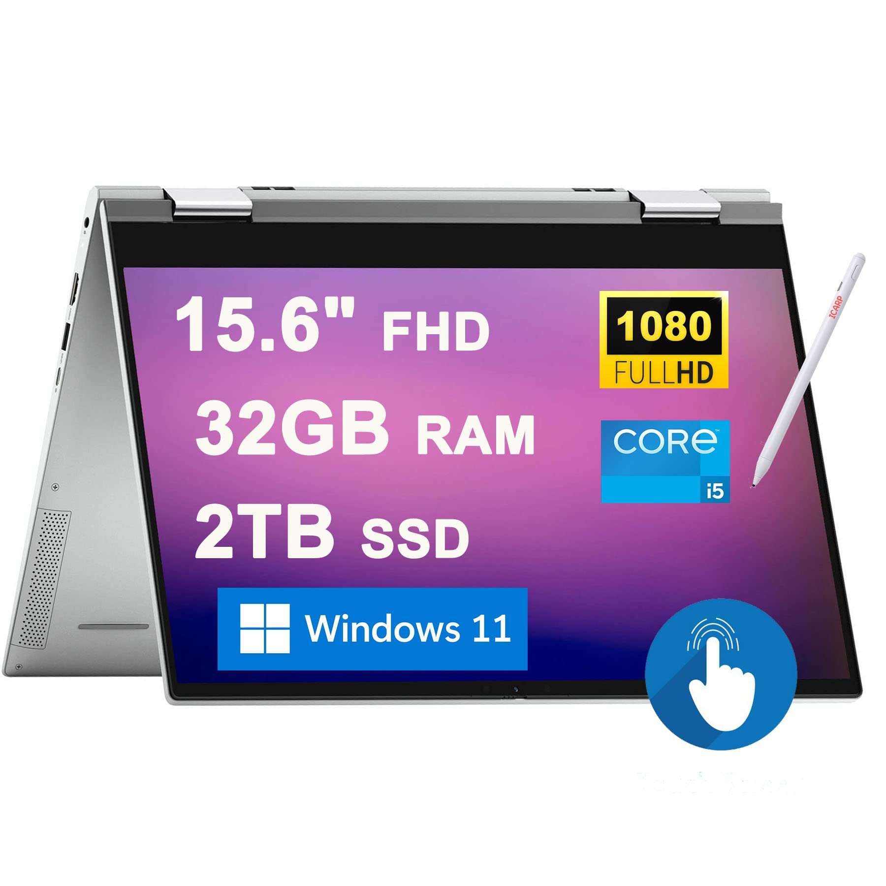 Dell Inspiron 15 7000 7506 2-in-1 Laptop 15.6" FHD Touchscreen 11th Generation Intel Quad-Core i5-1135G7 32GB RAM 2TB SSD Backlit Keyboard Fingerprint Reader Thunderbolt HDMI Win11 Silver + Pen 1