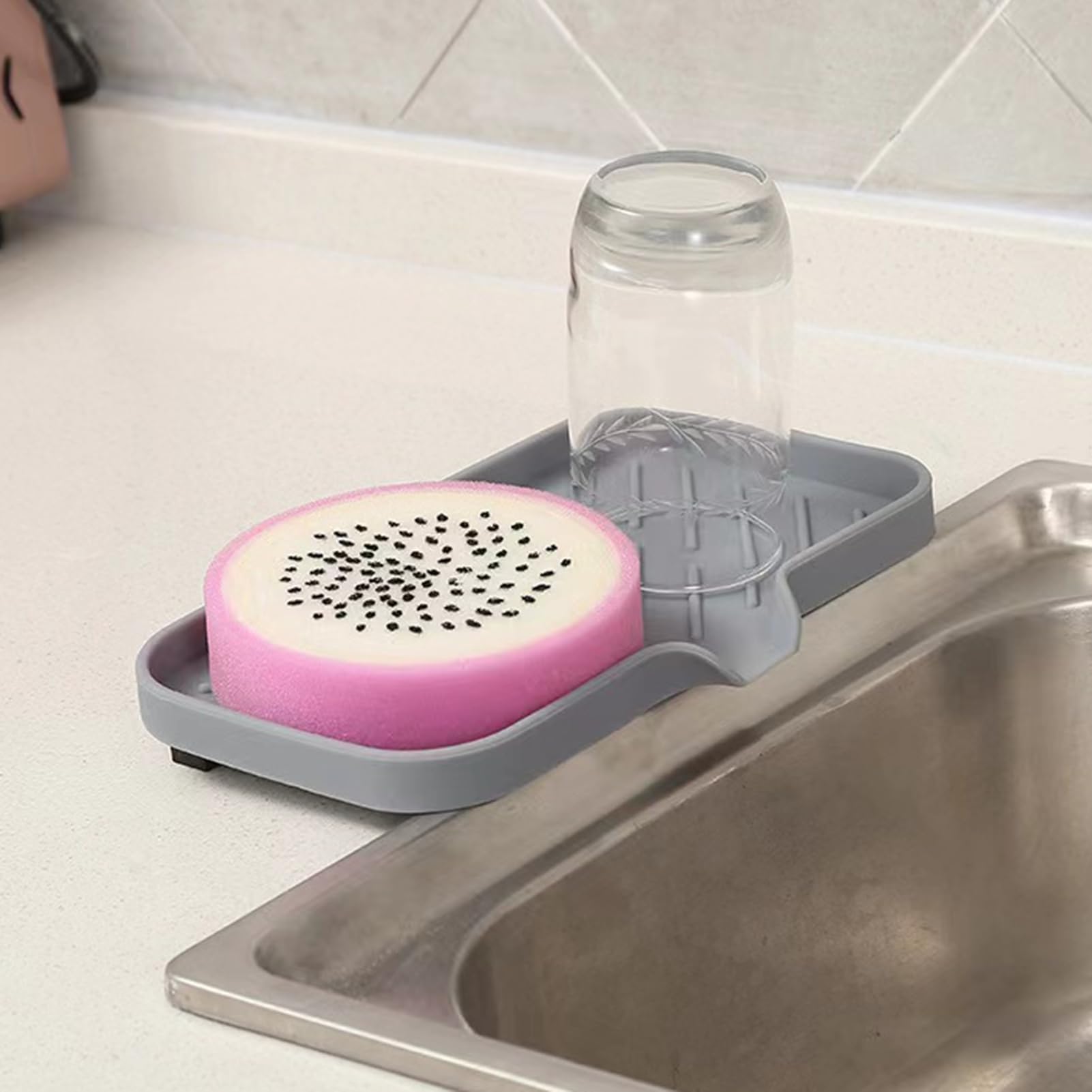 duwiikab Soap Dishes,Soap Draining Tray Dish, Soap Dish Sink Silicone Tray with Drain Spout Reusable Easy to Clean Countertop Sink Scrubber Brush Soap Storage Rack Kitchen Organizer S 6