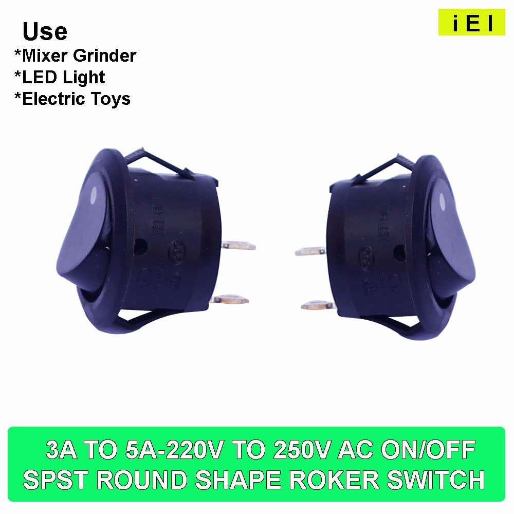 iEI 5Pcs Brass Spst Round Toggle Rocker Switch On Off 16A 12v 24v Dc 250v Ac 2Pin Black Plastic Body 4