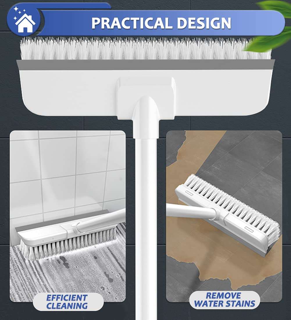 Floor Brush Indoor/Outdoor Push Broom, Stiff Bristles Floor Scrub Brush with Squeegee & 56in Adjustable Long Handle Sweeping Brush for Cleaning Kitchen,Bathroom,Patio,Wood,Stone,Tile Floor (White) 4