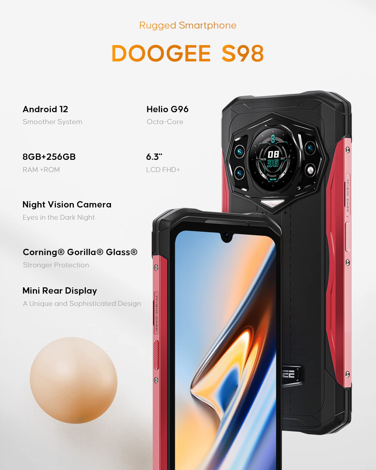 DOOGEE S98 Rugged Smartphone, 2022 Android 12 Unlock Rugged Phone,8GB+256GB, 6.3'' FHD+ Waterdrop Display,20MP Night Vision Camera, 6000mAh Battery Unlocked Cell Phone, Smart Rear Display, Dual 4G,NFC 2