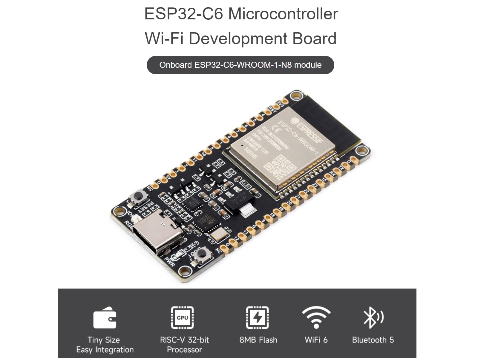 Waveshare ESP32-C6 Microcontroller WiFi 6 Development Board with Pre-soldered Header Onboard ESP32-C6-WROOM-1-N8 Module,RISC-V 32-bit Sngle-core Processor, WiFi 6+Bluetooth 5+IEEE 802.15.4 3