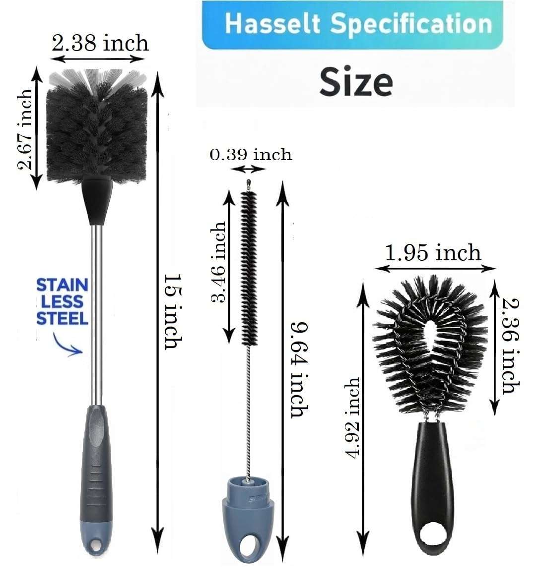 3Pcs Bottle Cleaner Brush Set, 15 inch Long Handle Washing Bottle Cleaning Brushes for Narrow Neck Water Bottles Tumblers Straws Coffee Mugs Sport Bottles Flasks and Thermos Lid Cup Brush 3