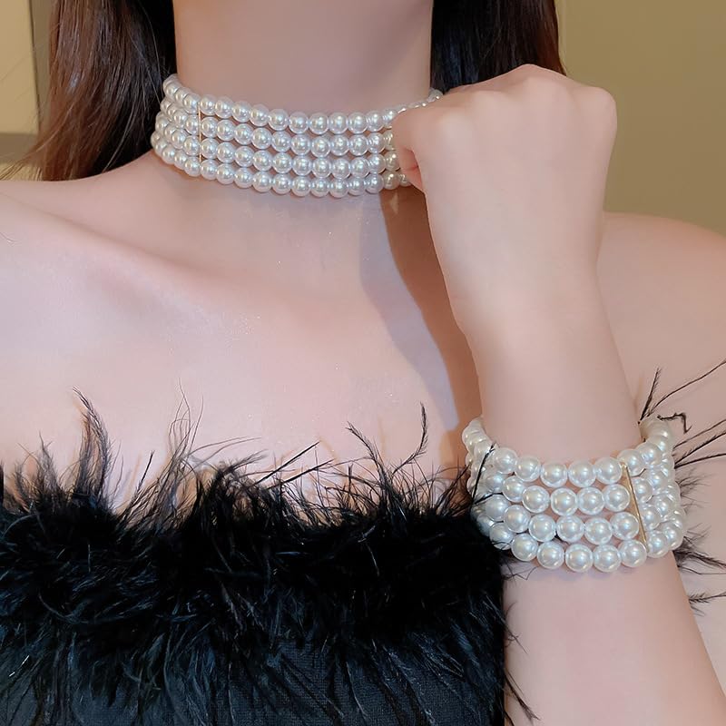 Chargances 2pcs 1920s Faux Pearl Jewelry Set Dainty 4-tier Pearl Necklace Multi-Layered Chunky Bracelet Bridal Wedding Accessories for Women 2