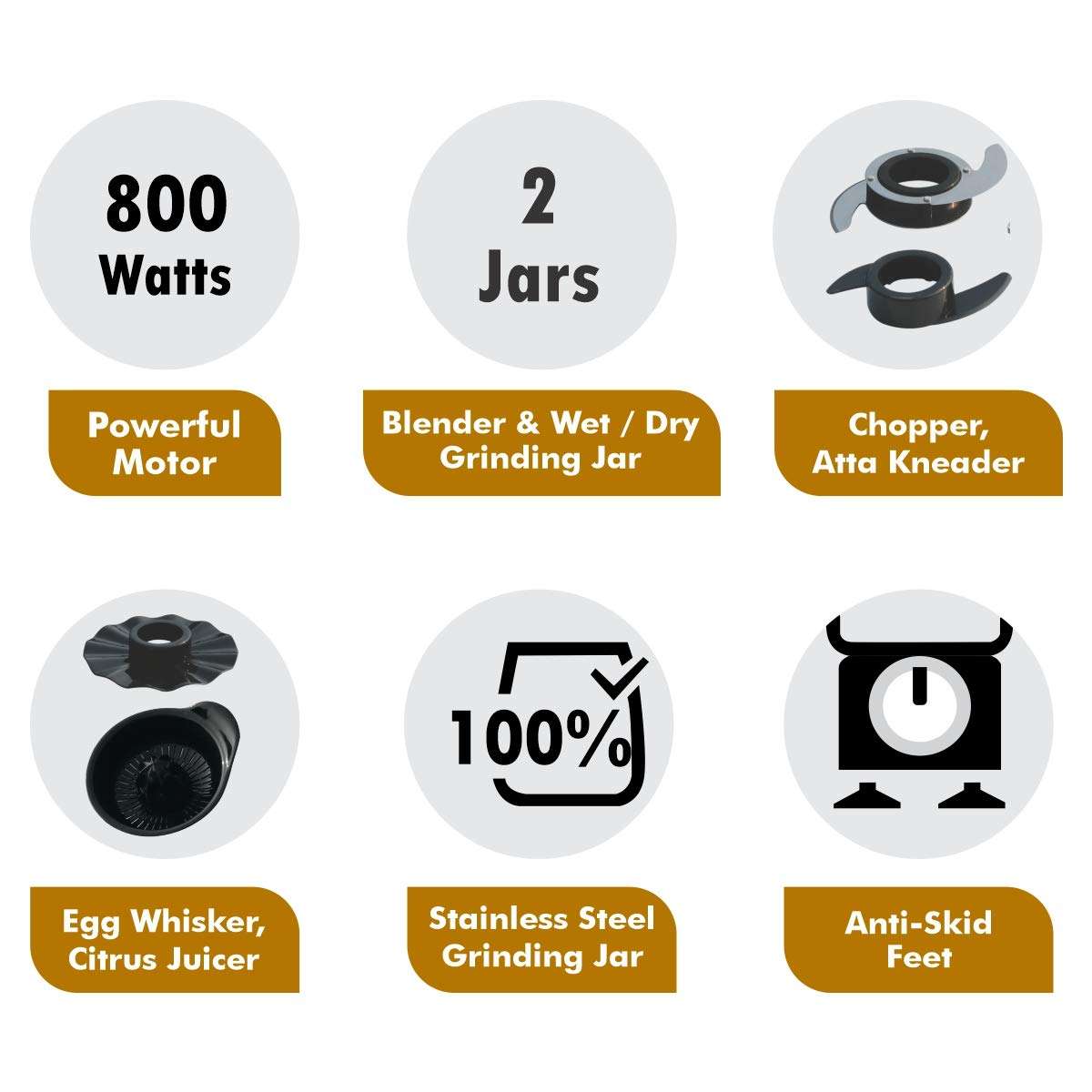 Inalsa Mixer Grinder/Food Processor 800 Watts - Verve |100% Pure Copper Motor| 2 Multipurpose Jars & 11 Accessories, (Black/Silver) 4