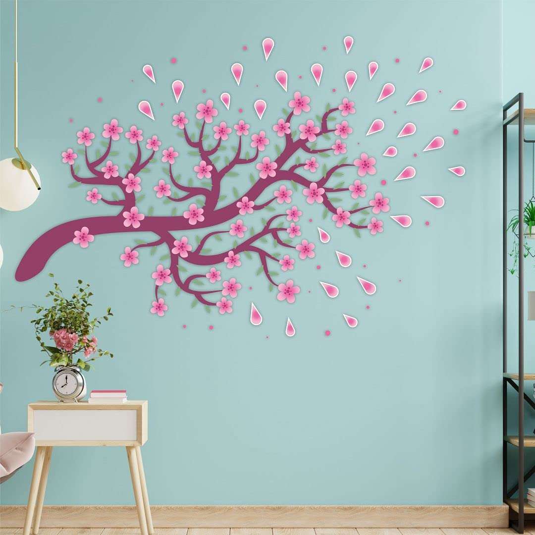 KREEPO Pink Flower & Little Leaves Branch Self-Adhesive PVC Vinyl Wall Sticker for Wall Decor Size(60cm x 90cm)_kr5 6