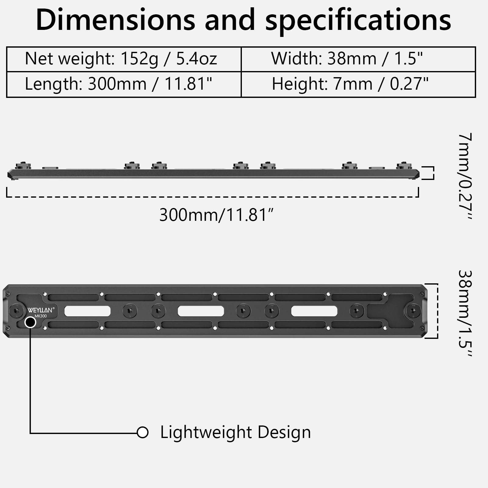 WEYLLAN MK300 Mlok Arca Rail, 300mm/11.81'' Quick Release Plate Mlok to Arca Swiss/RRS Dovetail, 6061-T6 Aluminum Bipod & Tripod Mount Adapter with Three QD Sling Mount Holes 5