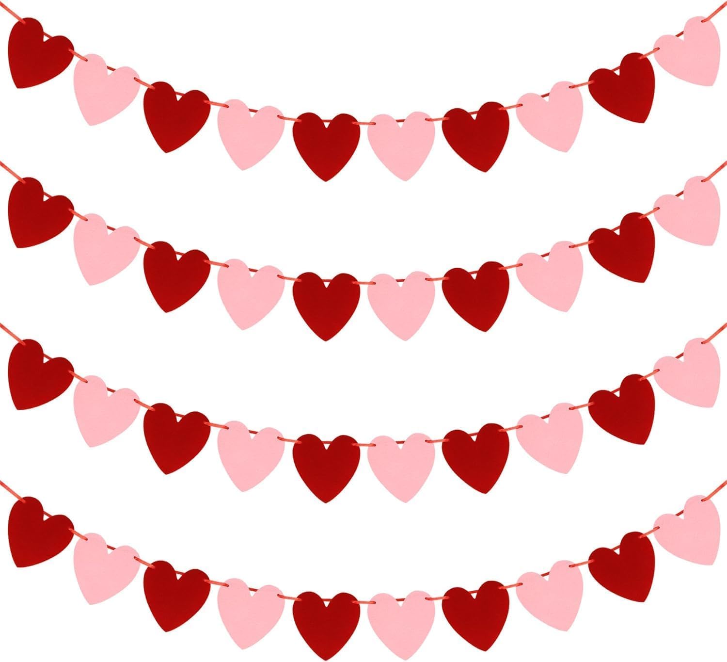 Felt Garland No DIY Valentines Day Decor Red Love Heart Shape Hanging String Garland Valentine Strip Decorations Wedding Anniversary Birthday Party Supplies (Pink & Red) (Pack of 20)