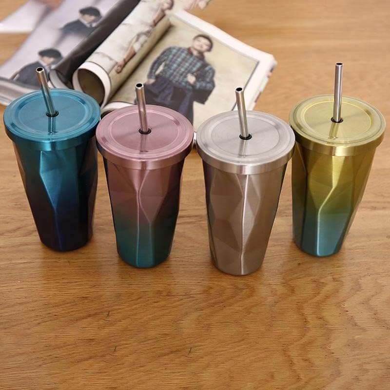 KANDPAND Straw Cup Creative Gradient Water Cup Stainless Steel Cup Straw Drinking Bottle Home School Office Diamond Shape Double Wall Tumbler with Straw Car Coffee Mug 4