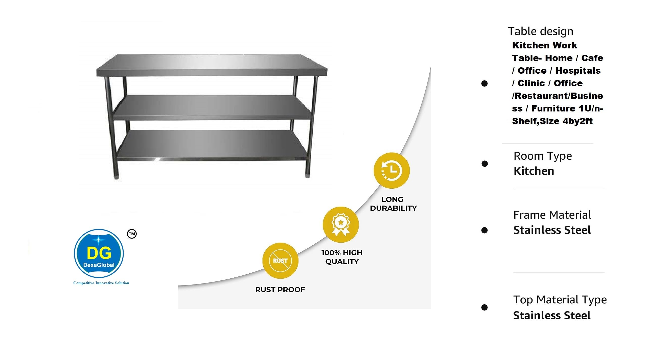 DG DEXAGLOBAL DG Stainless Steel Work Table-Commercial Grade -2 Under Shelf; 45 x 26 x 34 LxBxH in Inch Approx 5 Year Warranty 3
