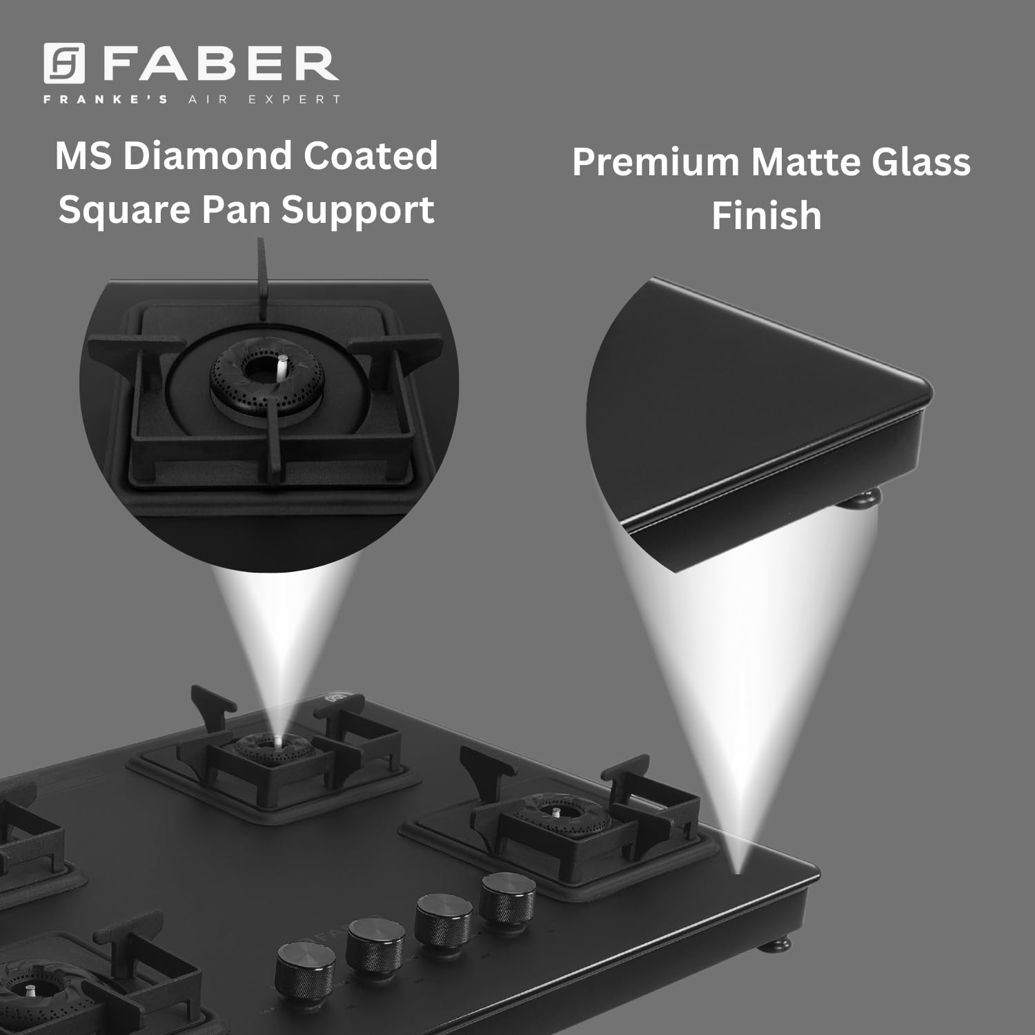 Faber Evoke 4 Burner 65Cm Cooktop |Auto Ignition| |Metal Knobs| MS Diamond Coated Pan Support | Matt Black Glass Finish |5 Yrs Warranty On Glass & Valve | 2 Yrs On Burner |COOKTOP Evoke 4BB BK CI AI 5