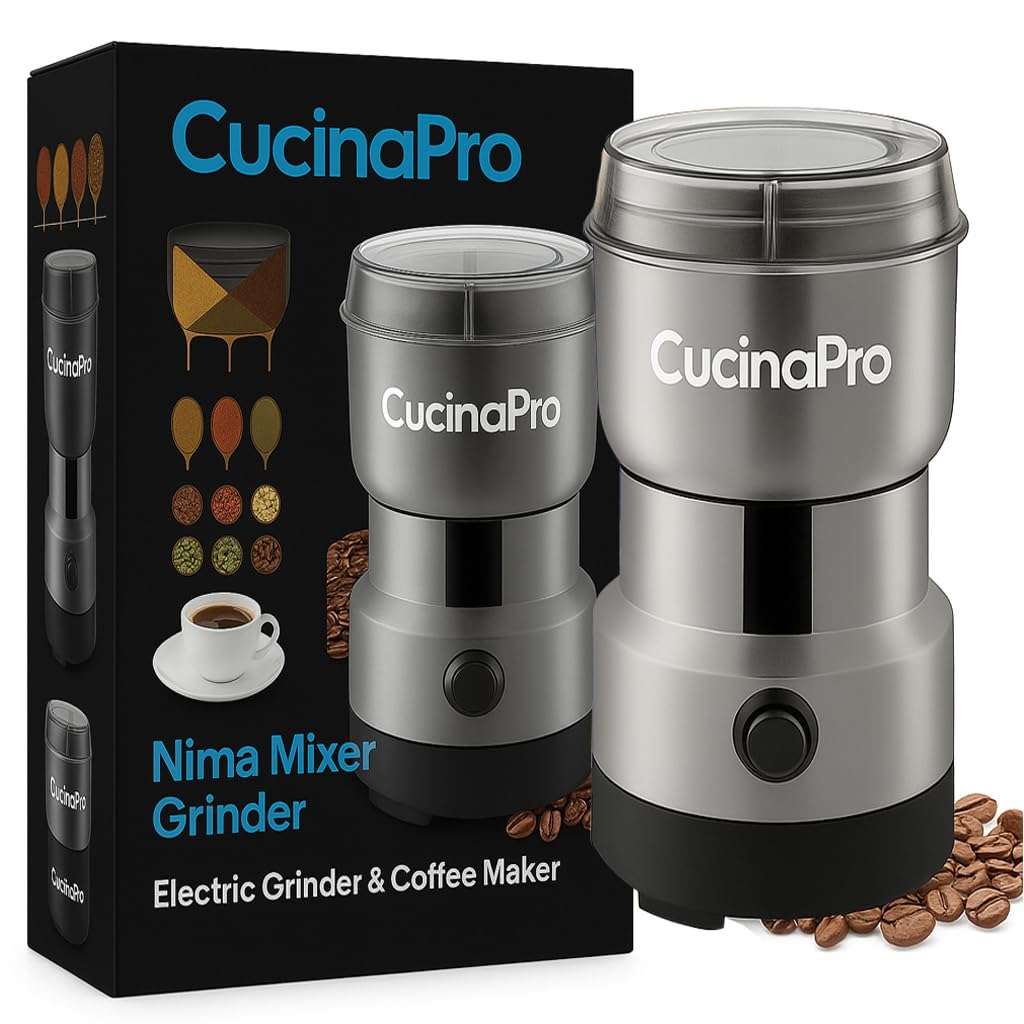 CucinaPro Mini Mixer Grinder Small Size - Grinder Machine for Home, Mini Grinder for Spices, Masala, Chutney - Coffee Beans Grinder, Electric Portable Nima Mixer with Stainless Steel Blades (Silver) 1
