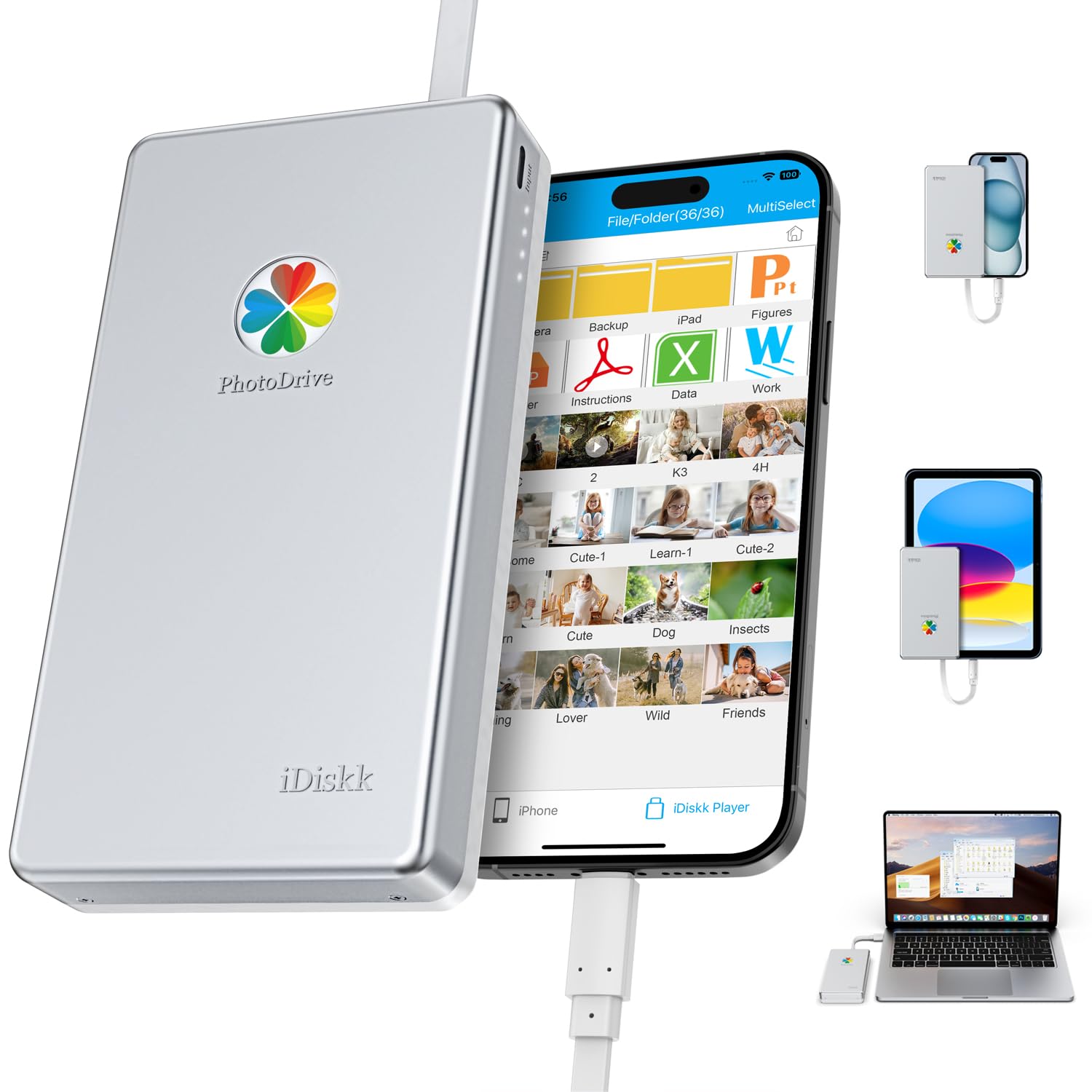 iDiskk Apple MFi Certified 1TB External Hard Drive Auto Backup for iPhone 15/16/17, iPad, Android, MacBook & Computer - Store Photos, Videos & Documents