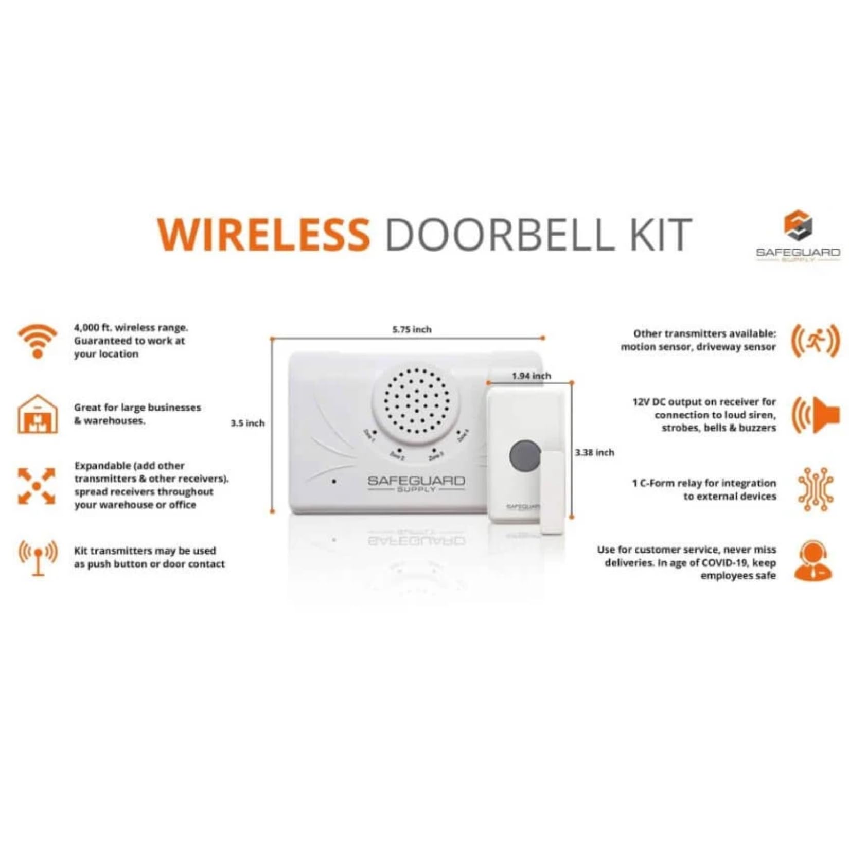 Safeguard Supply ERA Wireless Doorbell & Wireless Driveway Alarm Bundle - 1 Driveway Sensor 1 Wireless Door Chime Receiver 1 Long Range Wireless Doorbell Push Button/Door Contact Transmitter 3