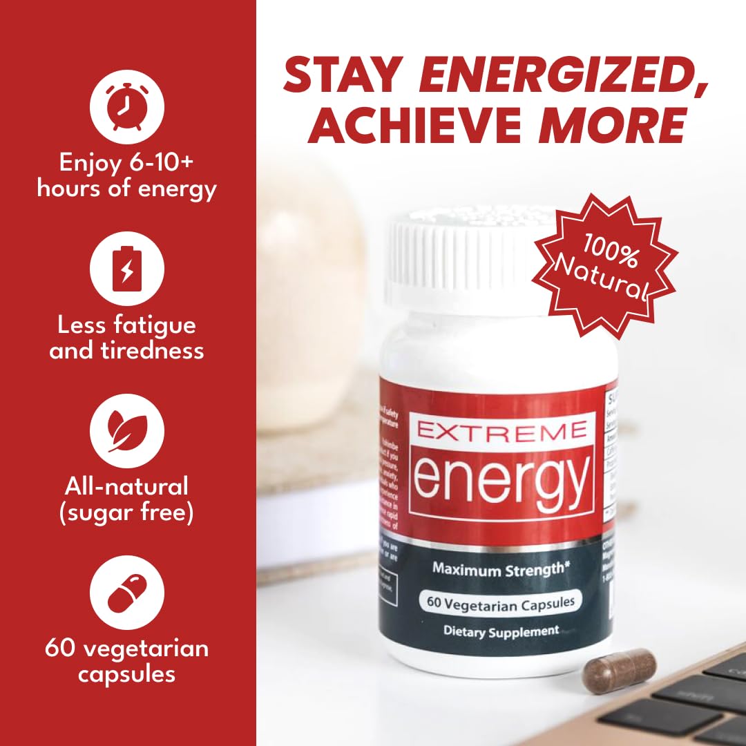 Extreme Energy - Powerful Energy Pills for Women & Men - Lasts 6-10+ Hours Without Crash or Jitters - 100% Natural Energy Supplement for Fatigue, Motivation, Focus (60 Ct) 3