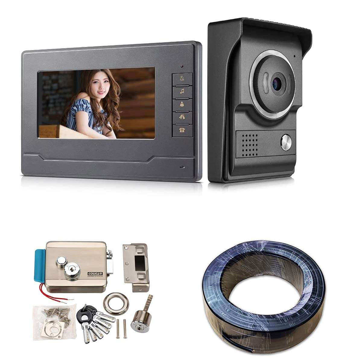 AMOCAM Video Intercom System, 7 Inches Monitor Video doorphone Doorbell System, + Electric Door Lock + 150FT RVV4 Wire/Cable 1